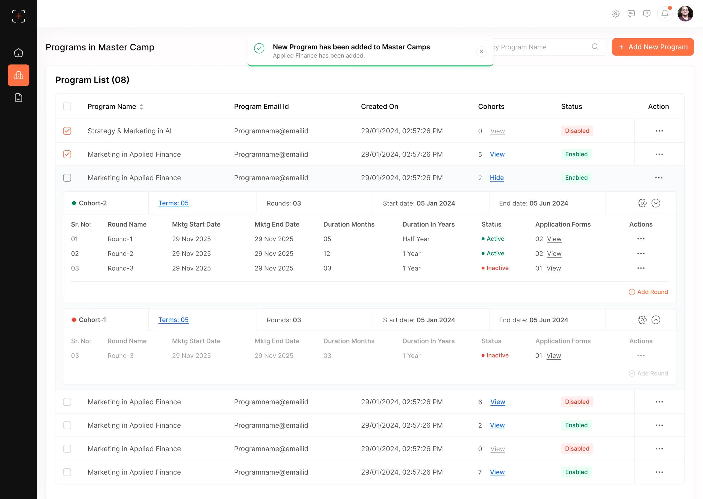 Program list with cohorts, terms and rounds