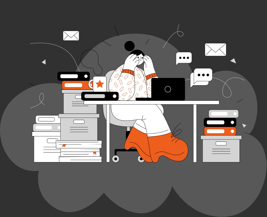 Illustration: a counsellor overwhelmed at a desk piled with files, emails and messages