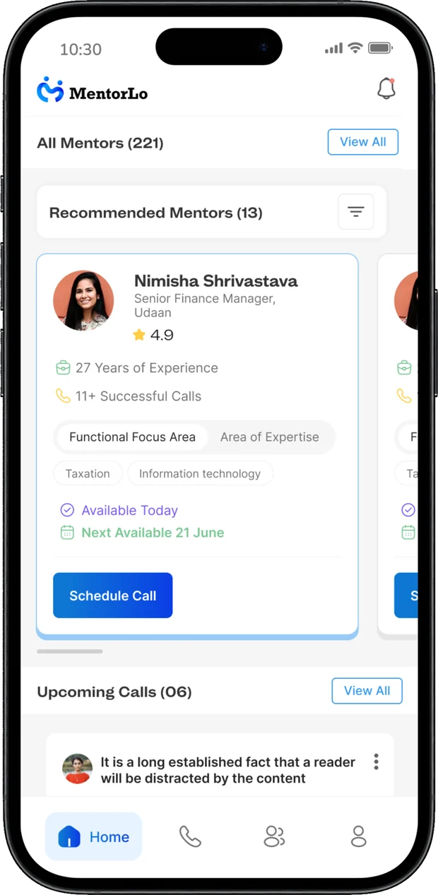 Mentee home screen with recommended mentors