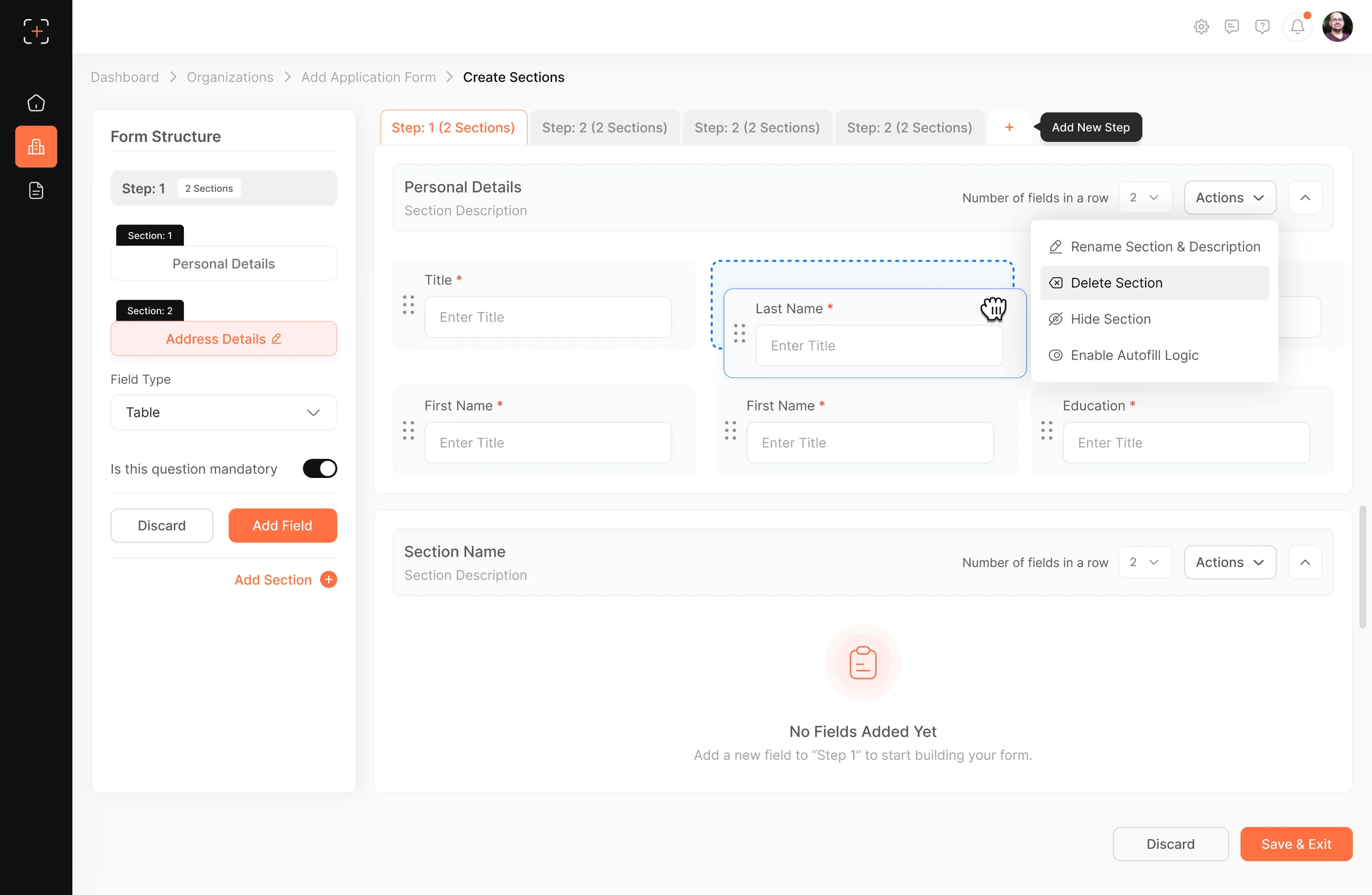 Create sections form builder