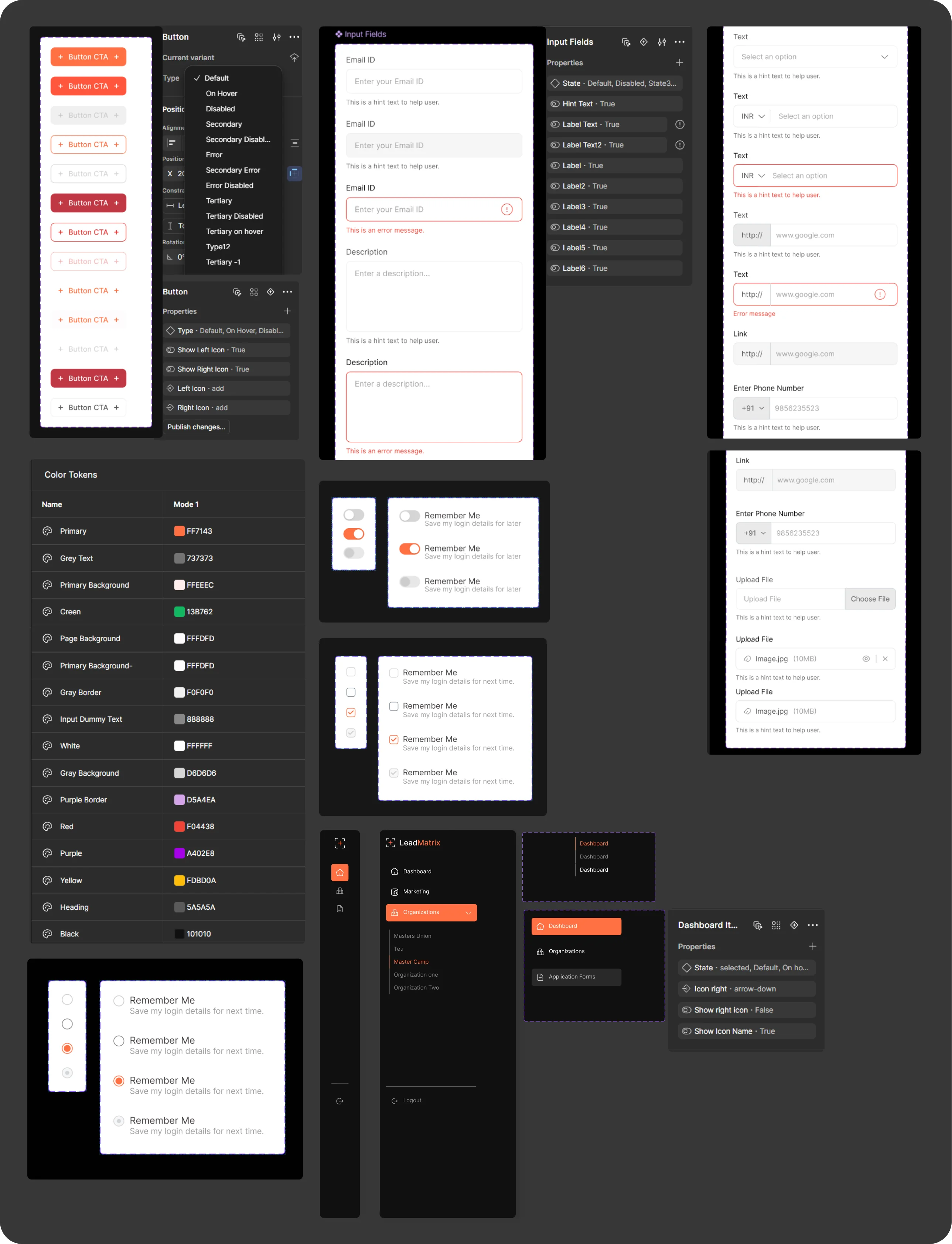 Lead Matrix UI kit — button variants, input fields, colour tokens, toggles, checkboxes, radios, sidebar navigation and component properties
