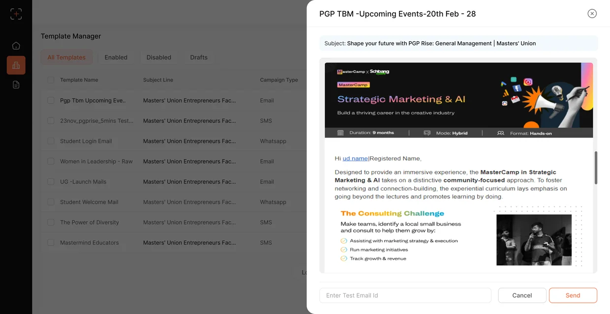 Template manager with email preview and test send