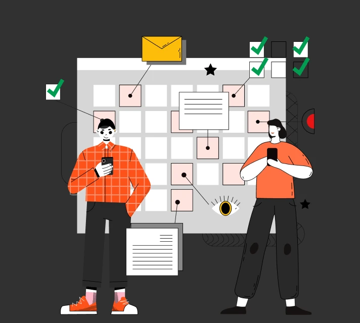 Illustration: two people with phones in front of an organised task board