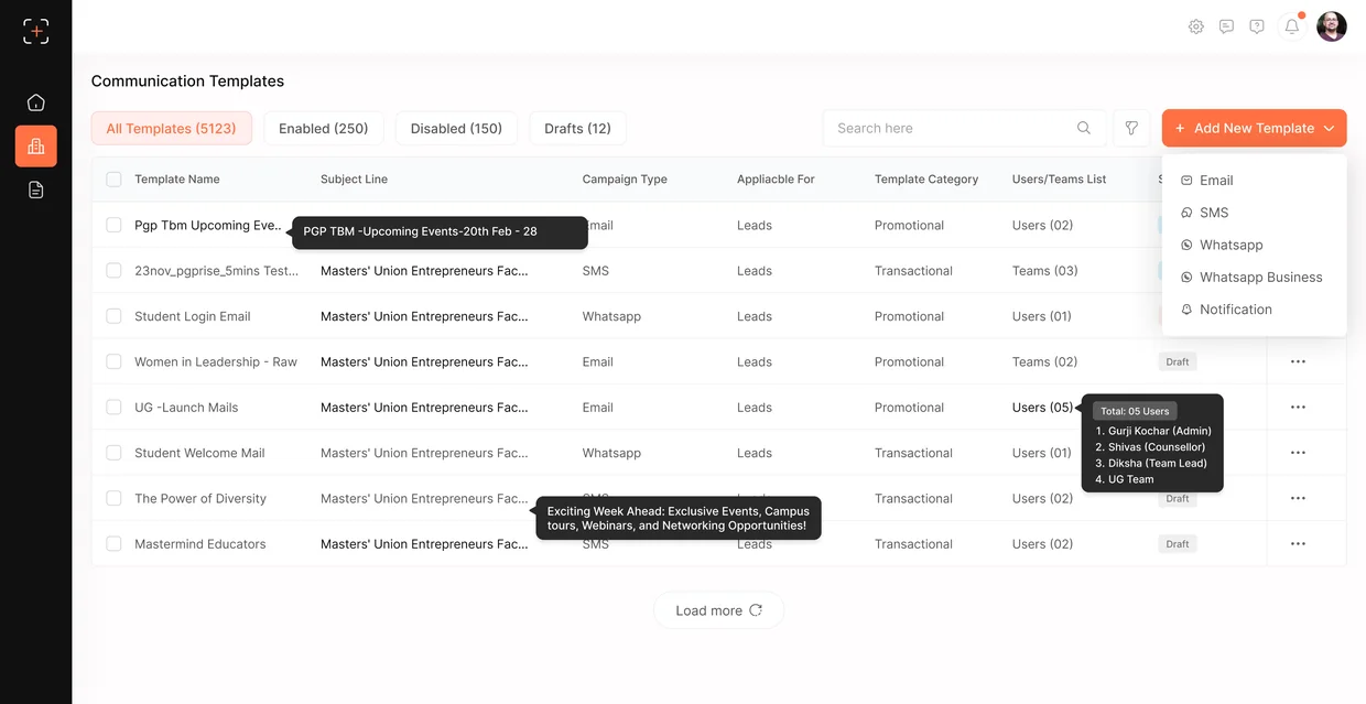 Communication templates list with Add New Template menu