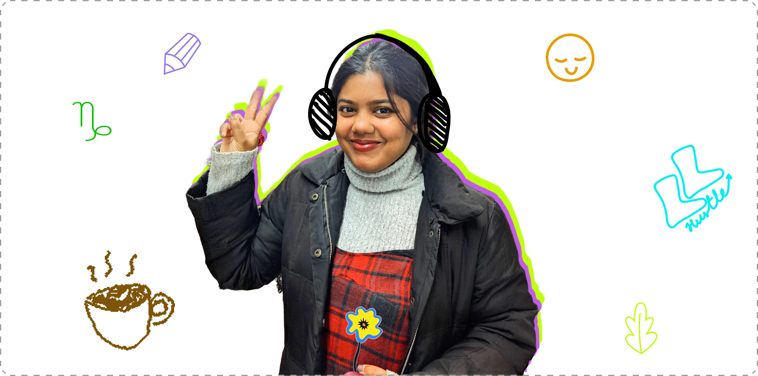 Oshin smiling and making a peace sign, surrounded by hand-drawn doodles — a coffee cup, pencil, smiley, Capricorn sign and leaf