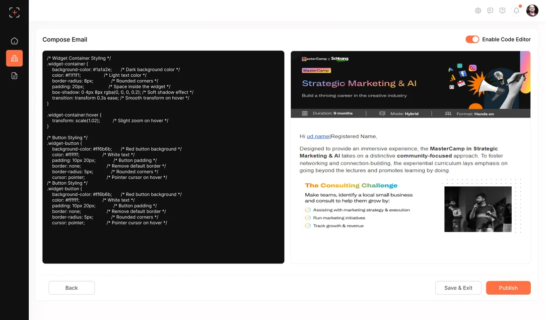 Compose email with code editor and live preview