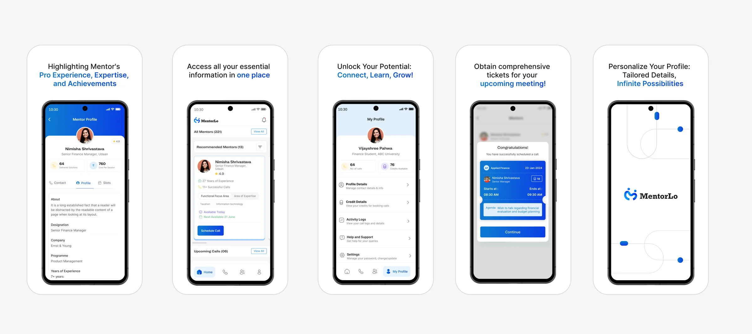 MentorLo screens: mentor profile, home, my profile, booking ticket and splash