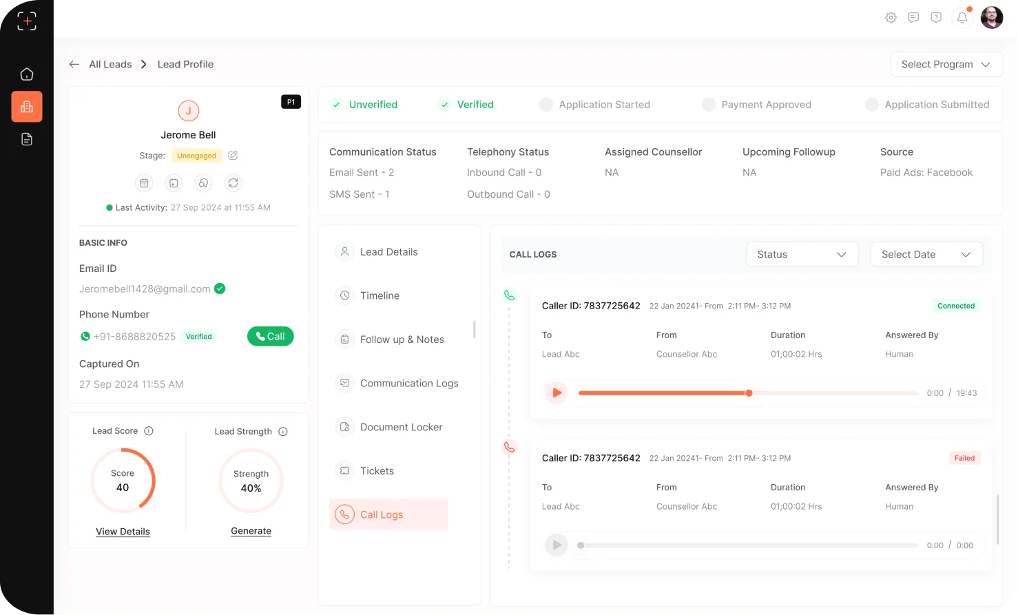 Lead profile with score and timeline